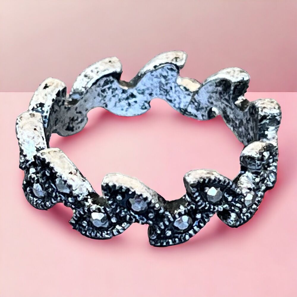 New Antique Silver Tone Ring Size 8 Band Crystal Dainty - 2B